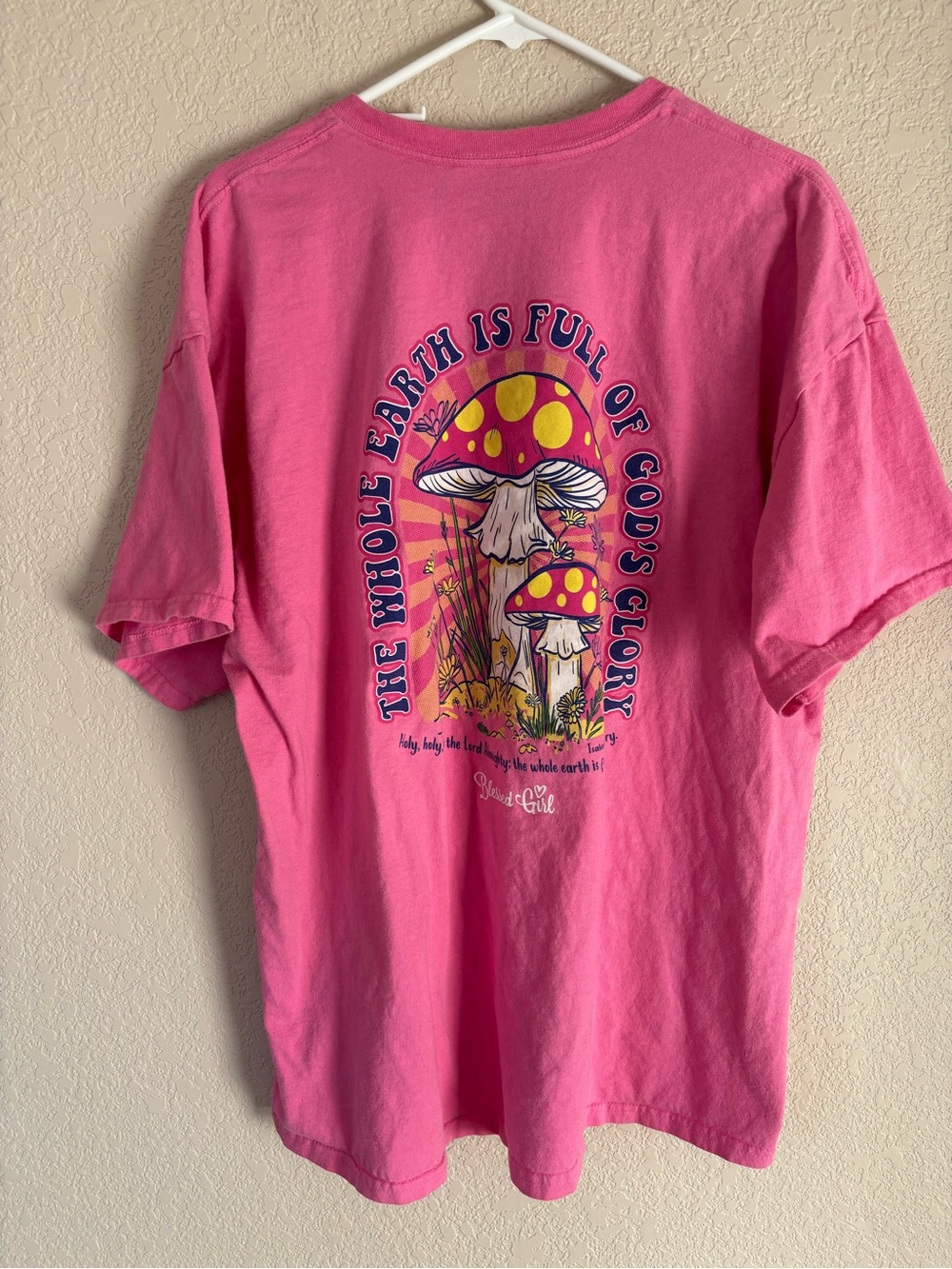 Blessed Girl Pink Mushroom Religious Graphic Crew Neck Tee Relaxed Fit 2X